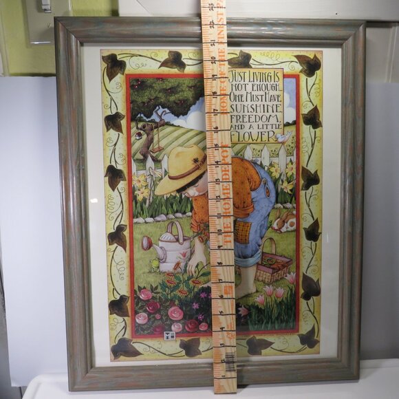 Mary Engelbreit "Just Living" Warm Gray Wood Frame w Glass Garden Theme - Picture 9 of 11